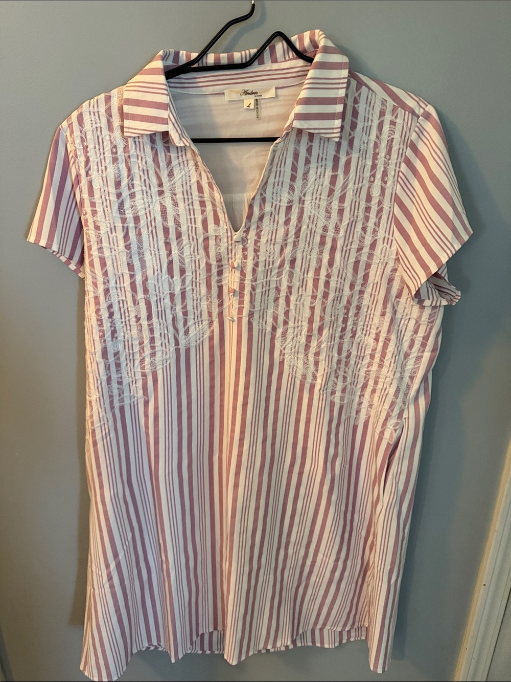 Andree Pink & White Striped Polo Tunic Dress with Lace Detail